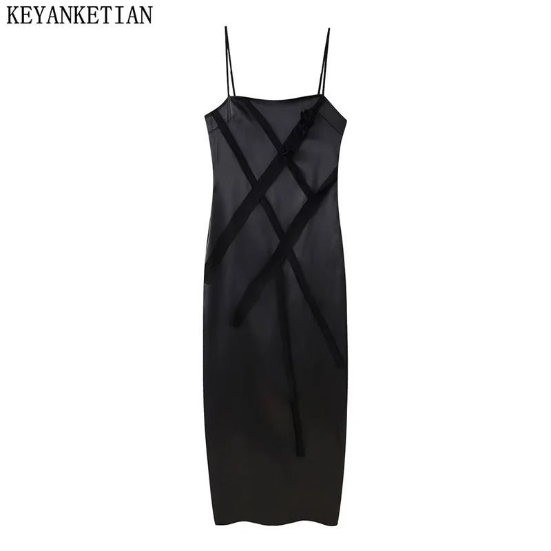 

KEYANKETIAN 2024 New Launch Women's Flower Applique Argyle Satin Slip Dress Summer Spaghetti Strap Slim Black MIDI Dress Xshape
