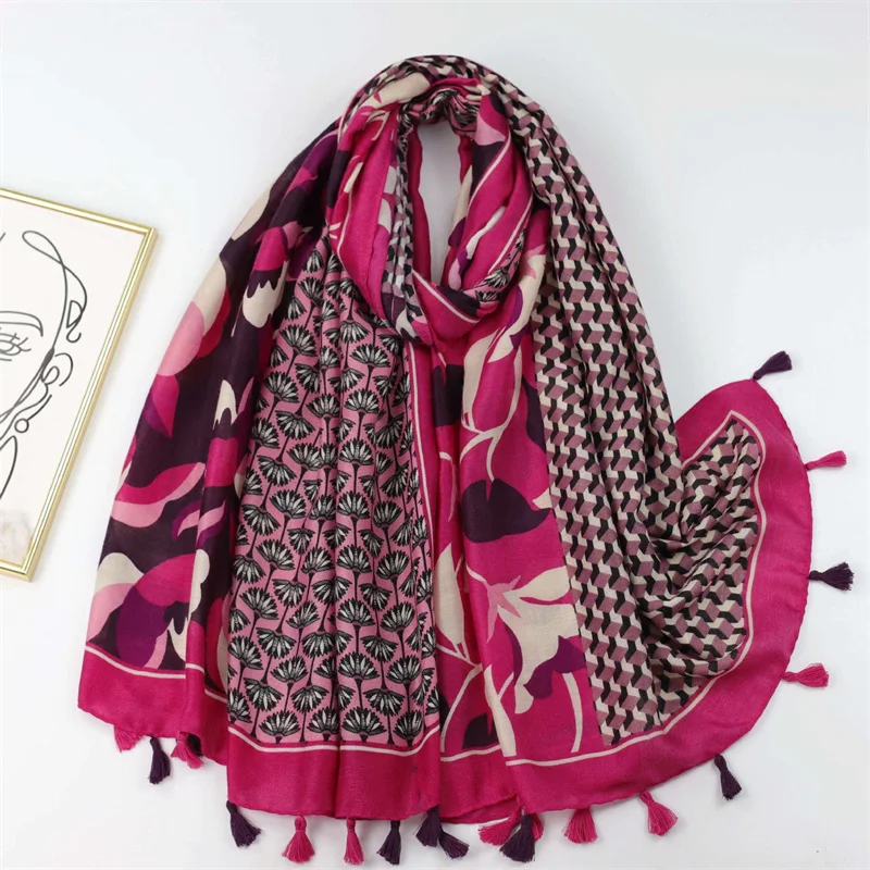

Retro Aztec Floral Patchwork Tassel Viscose Shawl Scarf Lady High Quality Wrap Pashmina Stole Bufandas Muslim Hijab Cap 180*90Cm