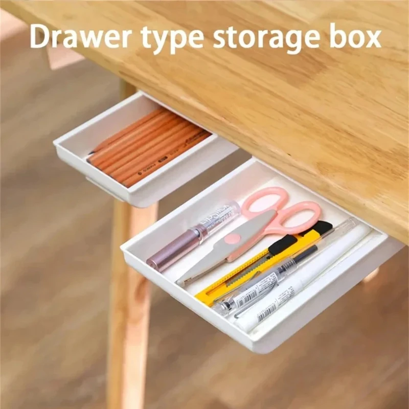 1/2pcs Hidden plastic drawer storage box, desktop no punching makeup brush organizing box, office stationery pasting storage box