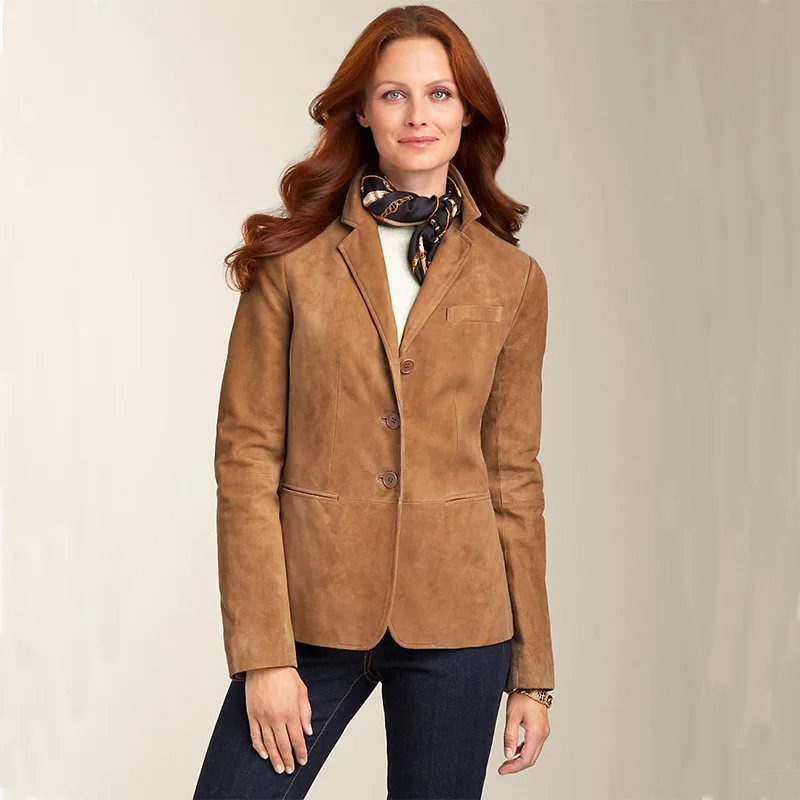 

Women Suede Jacket Leisure Suit Collar Single Buckle Coat Office Work For Elegant Custom Lady Blazer