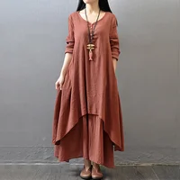 Robe asymétrique en coton et lin pour femme avec poches, col rond coréen, manches courtes, couleur unie, double couche irrégulière 4