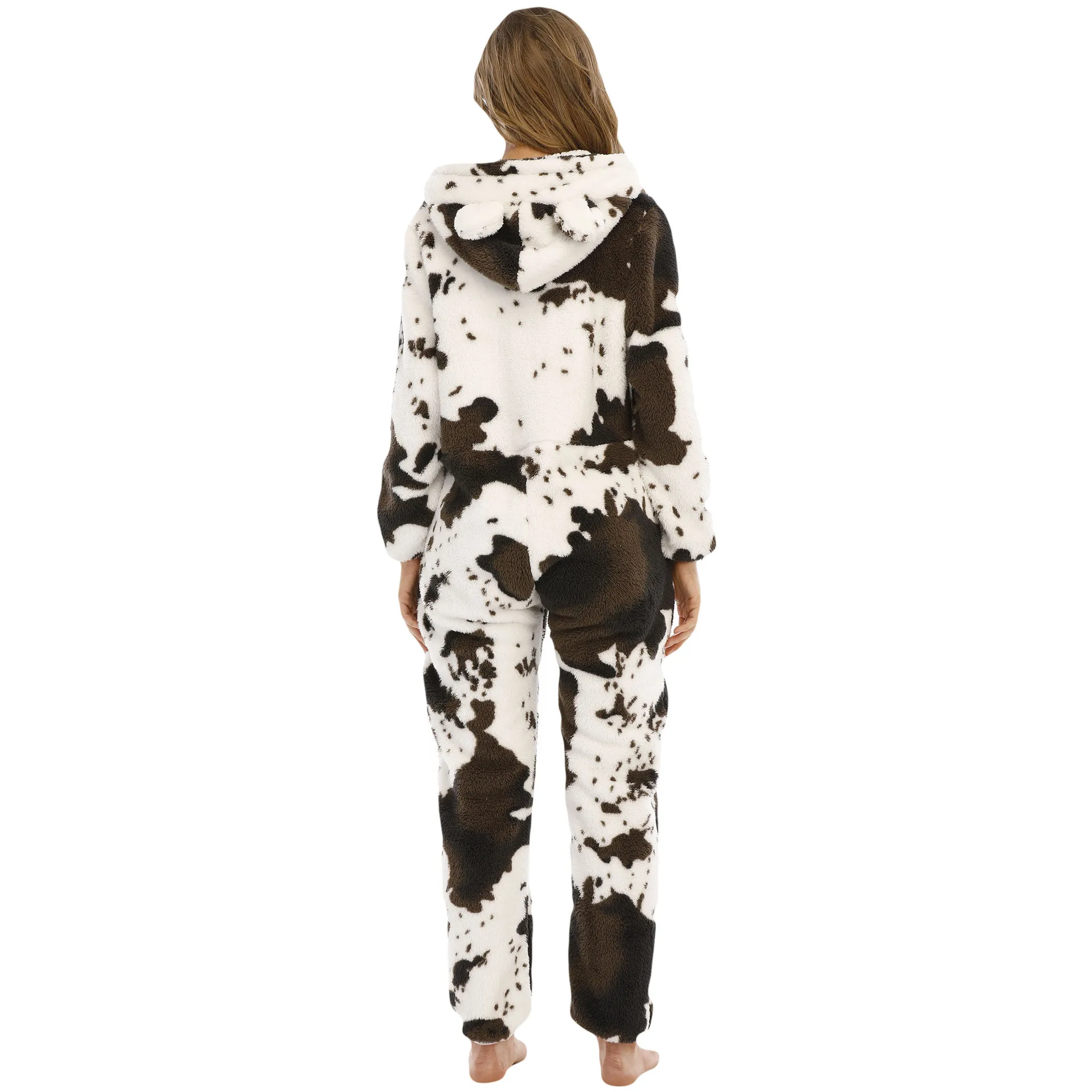 Winter Warm Cow Print Pyjamas Women Onesies Flannel Sleepwear Size XXL Hood Sets Pajamas For Women Adult