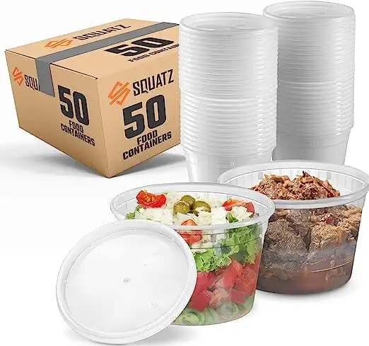 Squatz 50 Microwavable Food Container Clear Plastic - 16oz Translucent Meal Box Storage with Lids