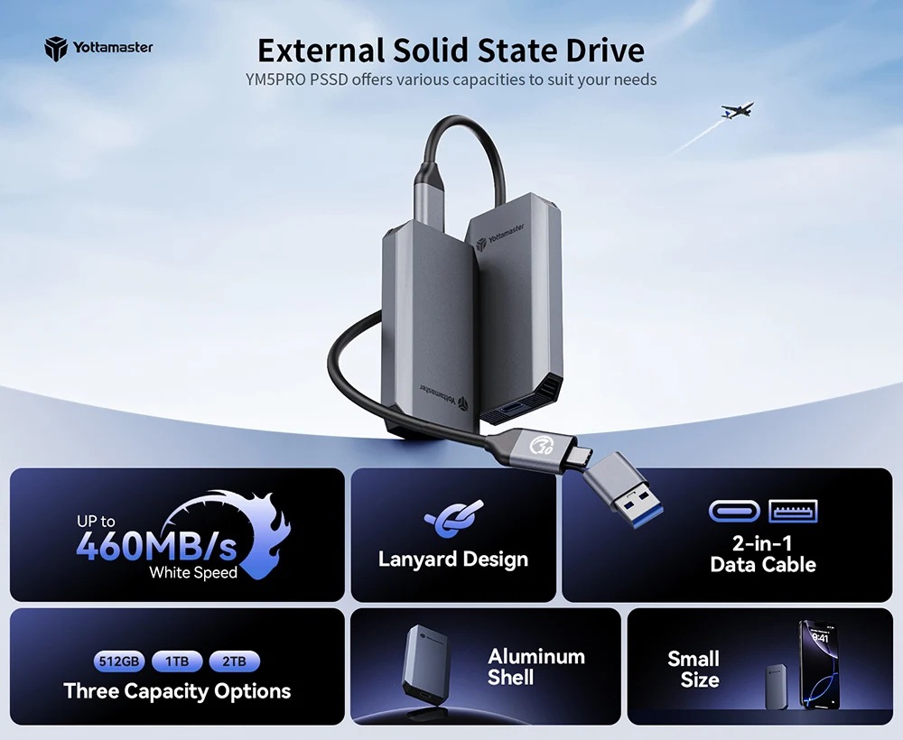 요타마스터 YM5 PSSD 휴대용 SSD 512GB 1TB 2TB 타입 C 500Mb/s 외장 솔리드 스테이트 디스크 5Gbps mSATA 하드 드라이브 알루미늄 PC