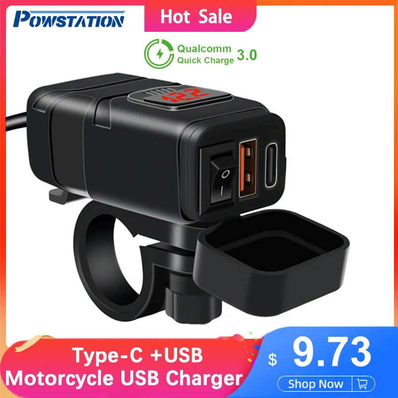 Powstation Motorcycle USB Phone Charger Waterproof Type-C +USB Fast Charging 6.8A QC3.0 USB Adapter With Voltmeter For Moto