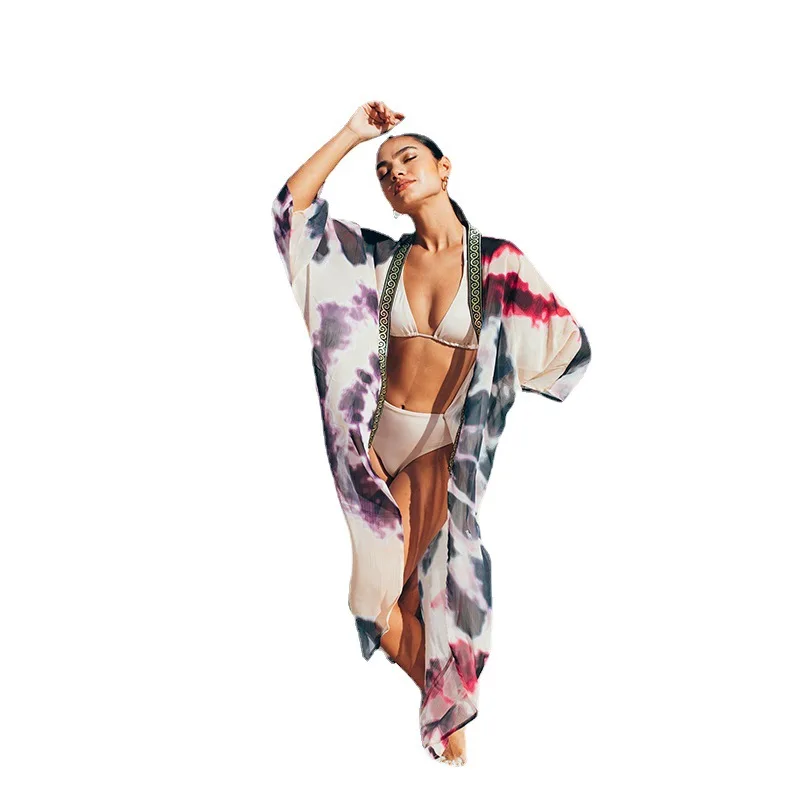 Long Beach Robe Women Bikini Cover Up Plage 2023 Summer 3/4 Sleeve Vestido Plus Loose Warp Colourfull Print Swimwear Cardigan