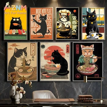 1pc Black Cat Eat Ramen Poster Waterproof High-Toughness Universal Wall Decor 1