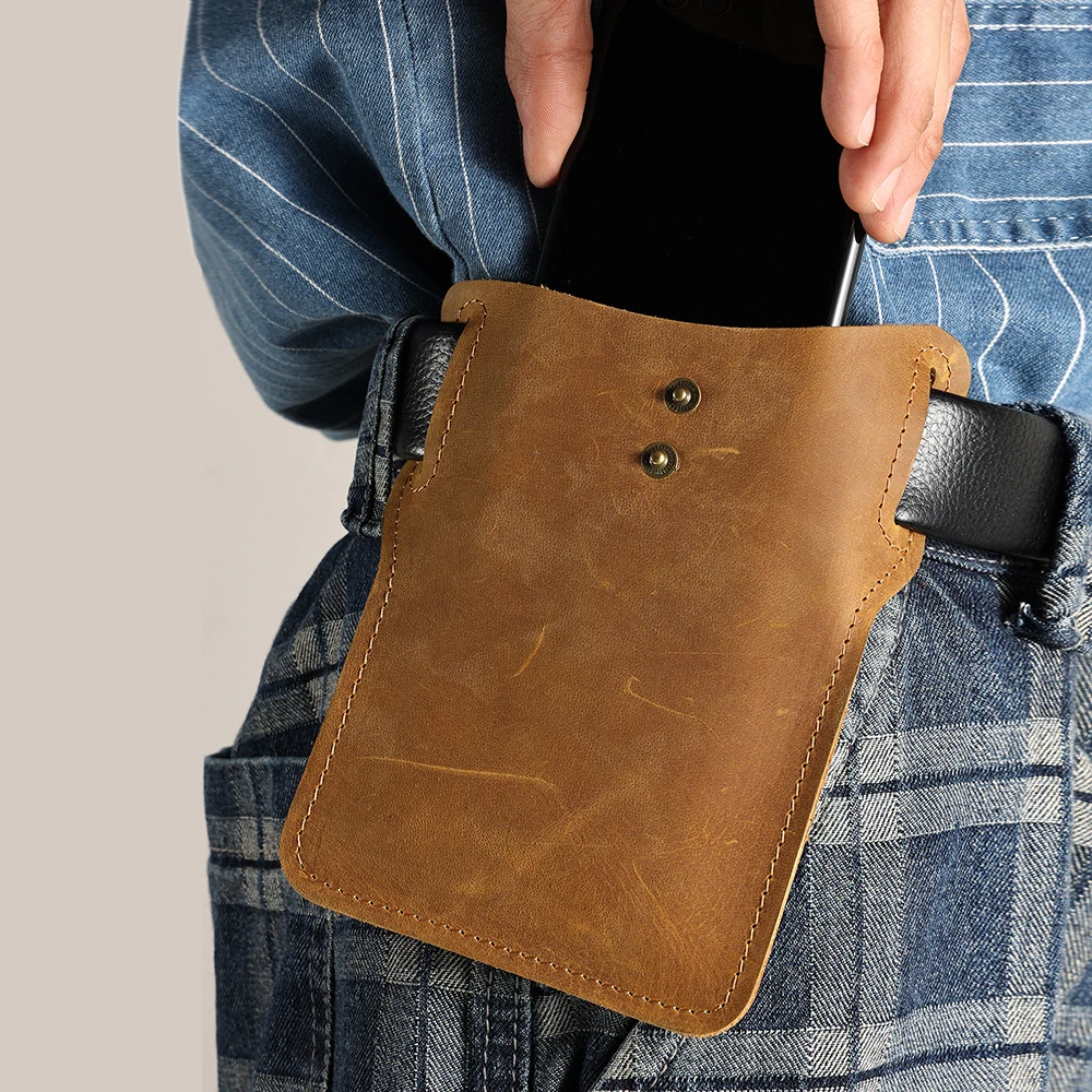 Crazy Horse Vintage Mobile Phone Waistpack Outdoor Sports Wear Belt Mobile Phone Bag Genuine Leather Men's Waistpack