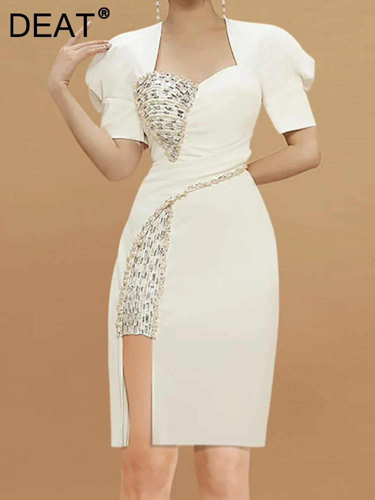 

DEAT Women's Fashion Dress Square Color Short Sleeve Patchwork Design Waist Split Elegant Party Dresses Autumn 2023 New 13DB1744