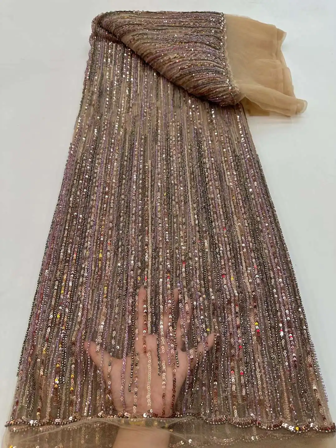 

New Heavy Colorful Beads Embroidery Tulle Net French Mesh Yarn African Fabric For Weddings Ladies's Evening Dresses