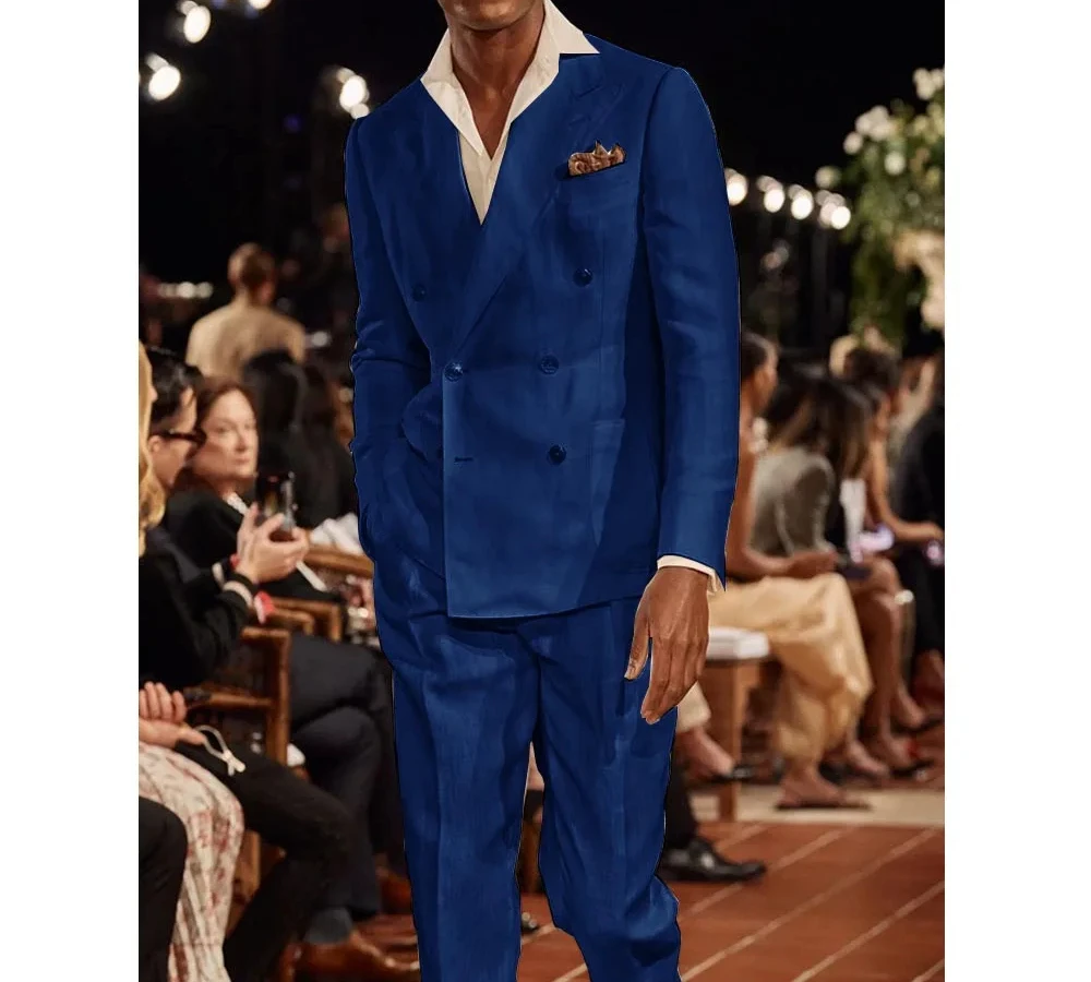 Summer Linen Double Breasted Men Suit Prom Party Slim Fit Blazer Hombre Stage Show High Quality Custom 2 Piece Set Costume Homme