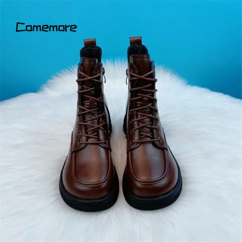 Comemore Quality Platform Motorcycle Female Short Footwear Short Barrel Boot Ladies Booties Shoes New Leather Women Ankle Boots