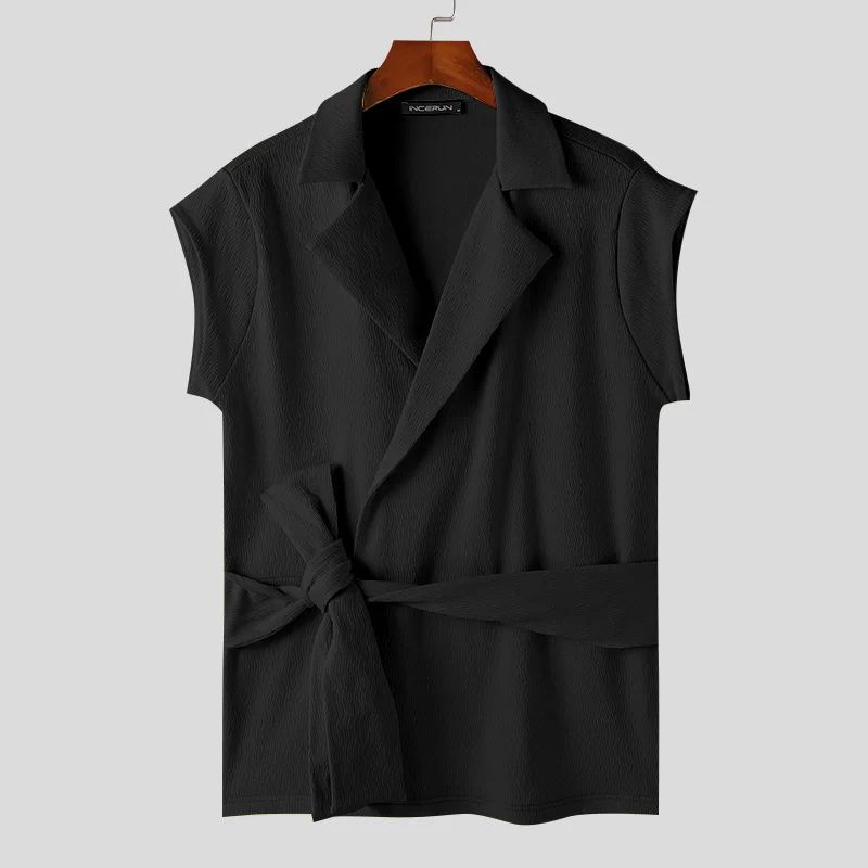 thumbnail image 1 of INCERUN Tops 2024 estilo coreano nuevo para hombres textura diseño de tapeta inclinada camisas moda cordón sin mangas cárdigan blusa S-5XL, 1 of 5