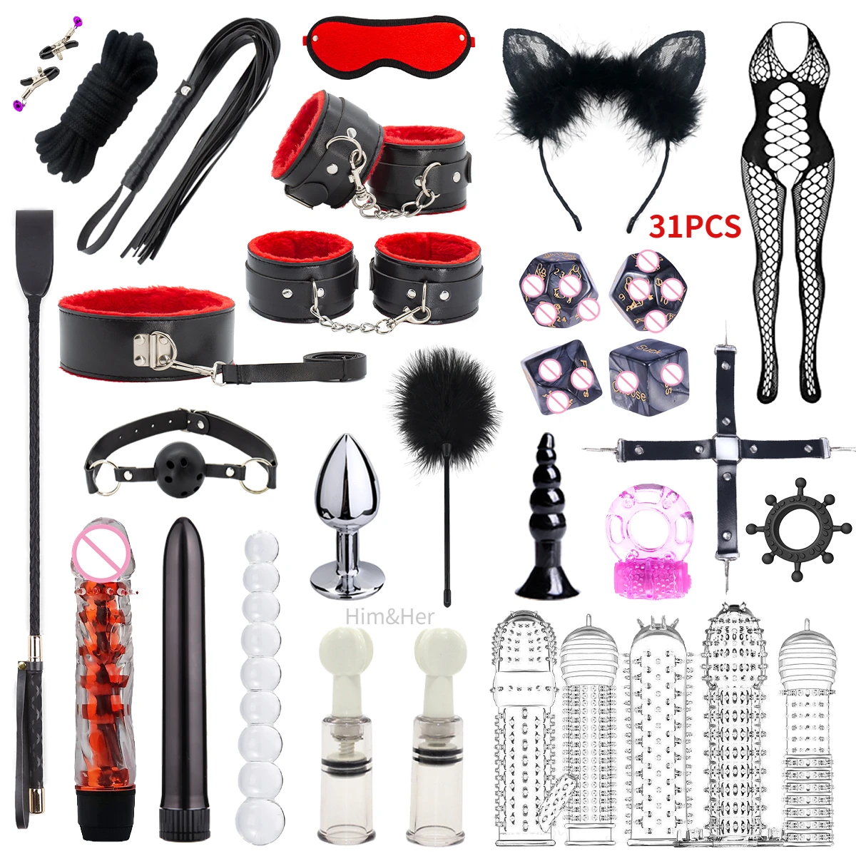 Sexy Leather 8 Kits Plush Sex Bondage Set Handcuffs Sex Games Whip Gag Nipple Clamps Sex Toys For Couples Exotic Accessories +18