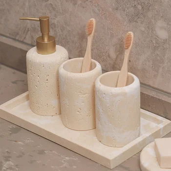 ชุดอุปกรณ์ห้องน้ำสำหรับบ้าน ประกอบด้วย ที่จ่ายสบู่หินอ่อน กล่องสบู่ ถ้วยบ้วนปาก ถาดรองน้ำ ที่วางสบู่ ขวดเจลล้างมือ ขวดโลชั่น 1