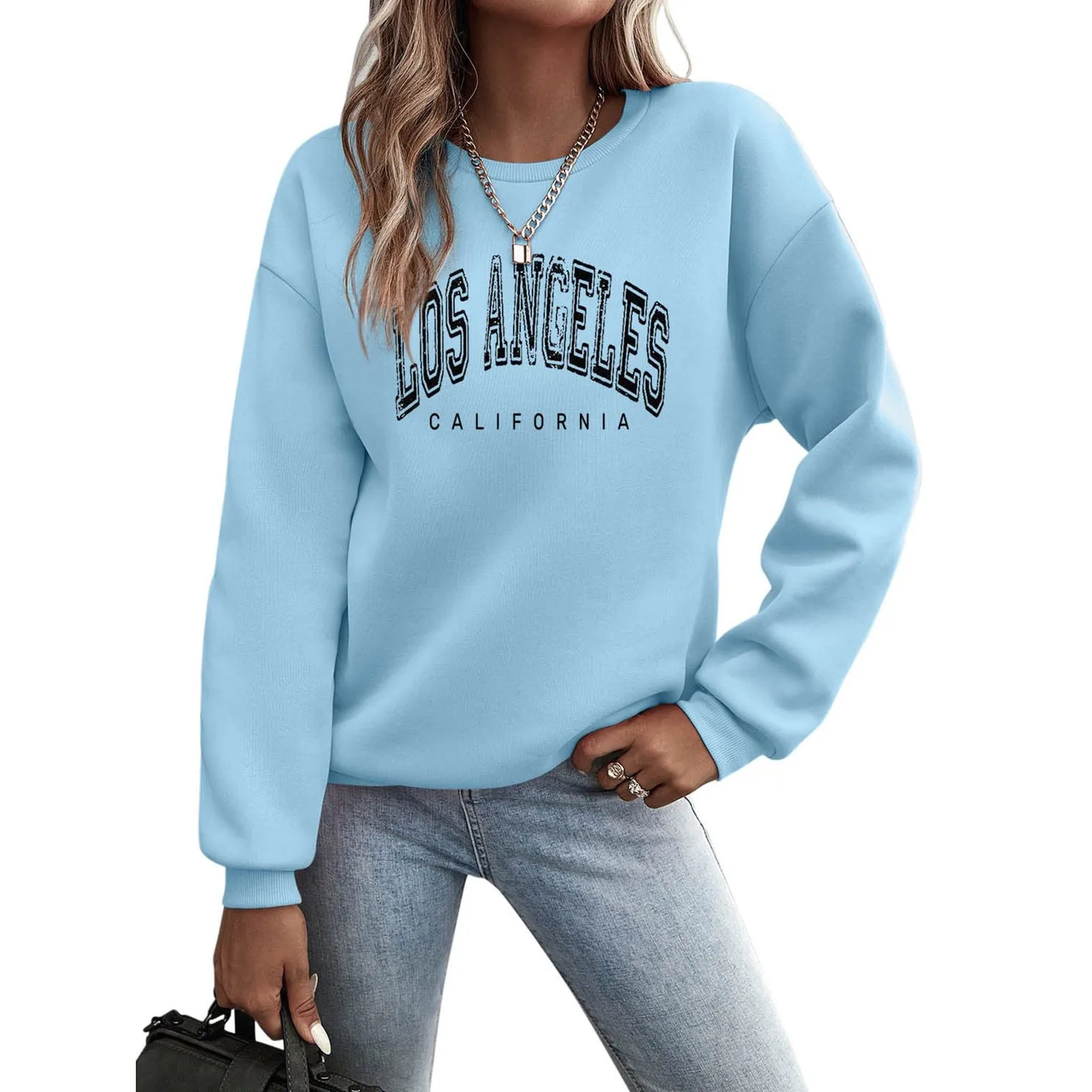 Women's Pullover Sweatshirt Losangeles Letter Printed Long Sleeved Crew Collar Pullover Fall/Winter Sports Casual Knit T Shirt