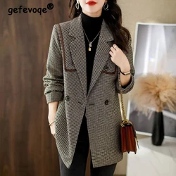Women Vintage Fashion Plaid Lace Up Button Blazers Jacket Autumn Winter Casual Notched Collar Long Sleeve Loose Woolen Suit Coat