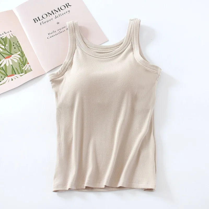 Description Picture 4 of itemBasic Solid Women's Soft Ribbed Breathable Tank Top With Built In Bra Slim Fit One Piece Inner Outer Wearable Bottoming Vest