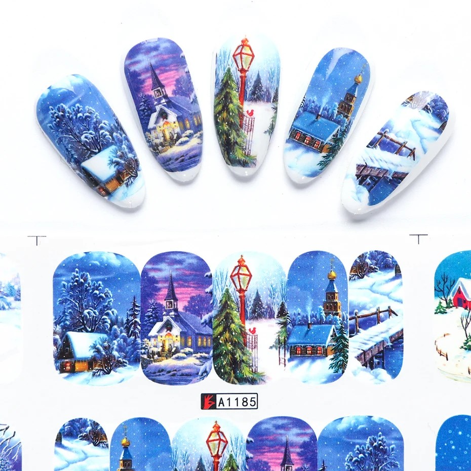 12pcs Christmas Nail Sticker Santa Claus Elk Snowman Gift Water Transfer Slider Full Wrap Xmas Cartoon Winter Decal SABN/A-1