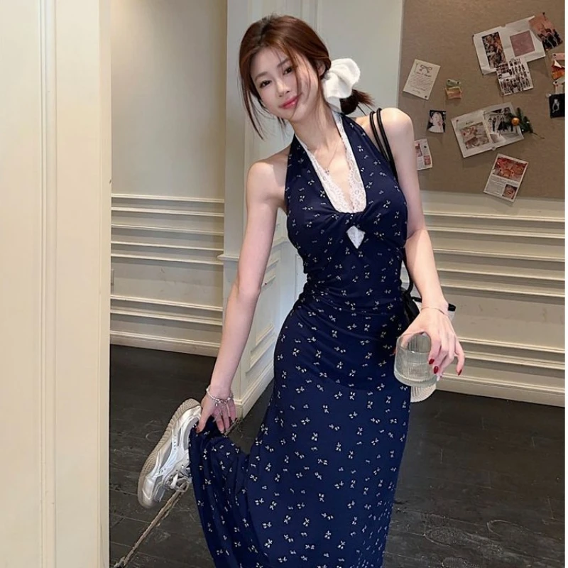 Damen Marineblau Blumenmuster Neckholder Maxikleid mit Spitzenbesatz V-Ausschnitt Ärmellos Bodycon Schlitz Langes Kleid für Sommer Strand Date Night