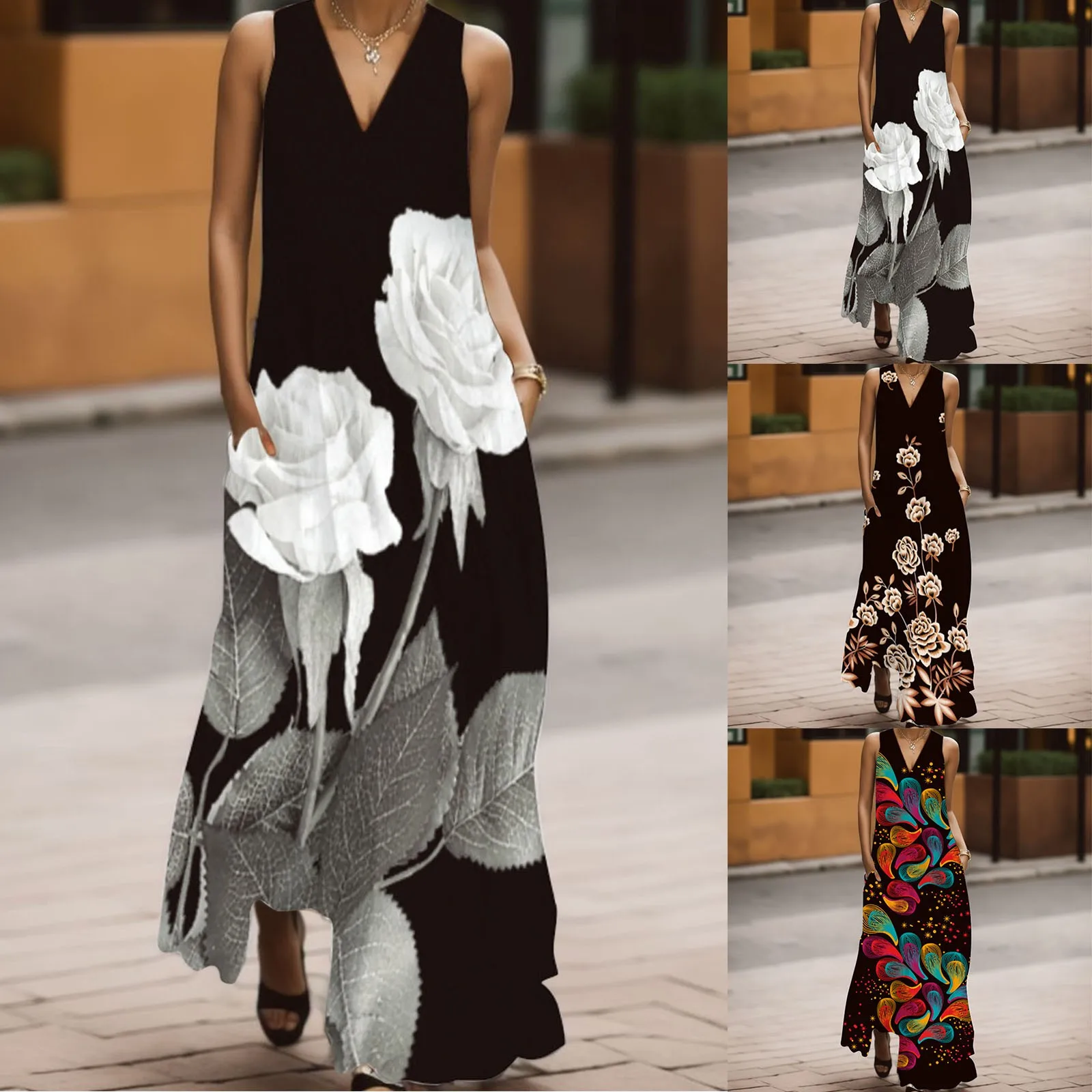 

Maxi Dresses for Women Summer Print Sleeveless With Summer Women Dress Maxi Party Pockets Dress V Neck Women's Tie Shirt Dress