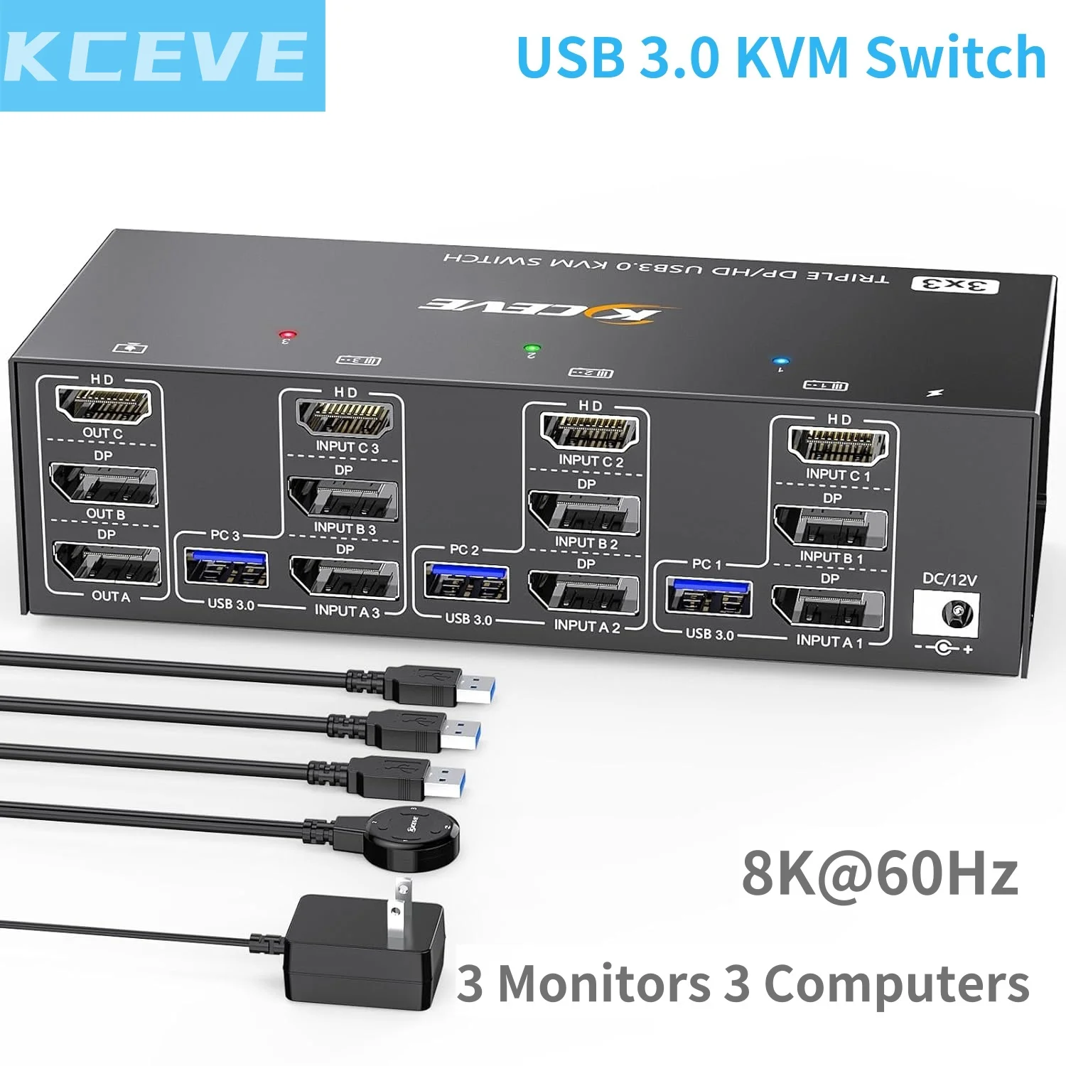 

2024 NEW KCEVE HDMI USB 3.0 KVM Switch 3 Monitors 3 Computers 8K@60Hz 4K@144Hz Triple Monitor KVM with 4 USB 3.0 Ports KVM Tripl