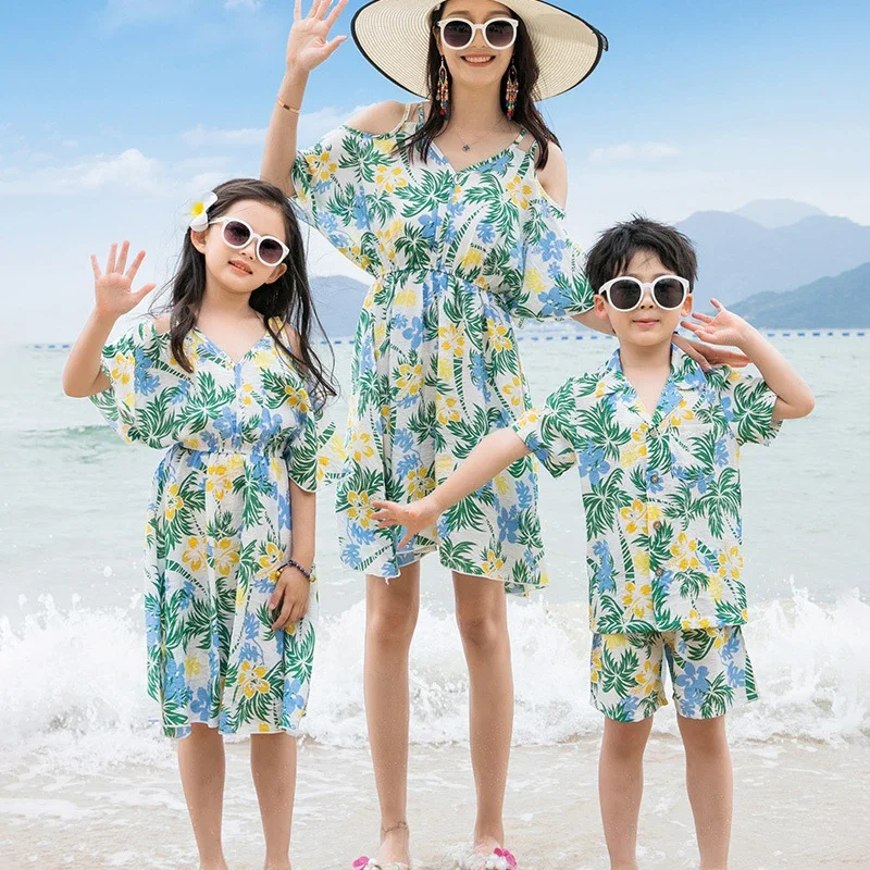Familie passende Outfits Sommer Strand Mutter Tochter Blumen kleider Papa Sohn T-Shirt Shorts Urlaub Paar Kleidung Set am Meer