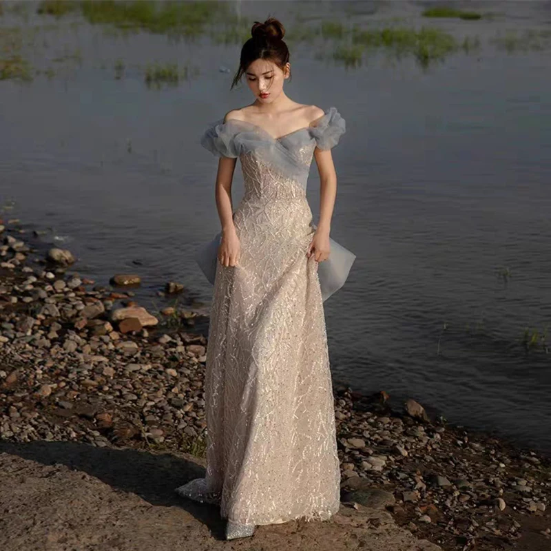 

Elegant Off The Shoulder Wedding Party Dresses Shiny Sequin Floor-Length Women Evening Gowns Long