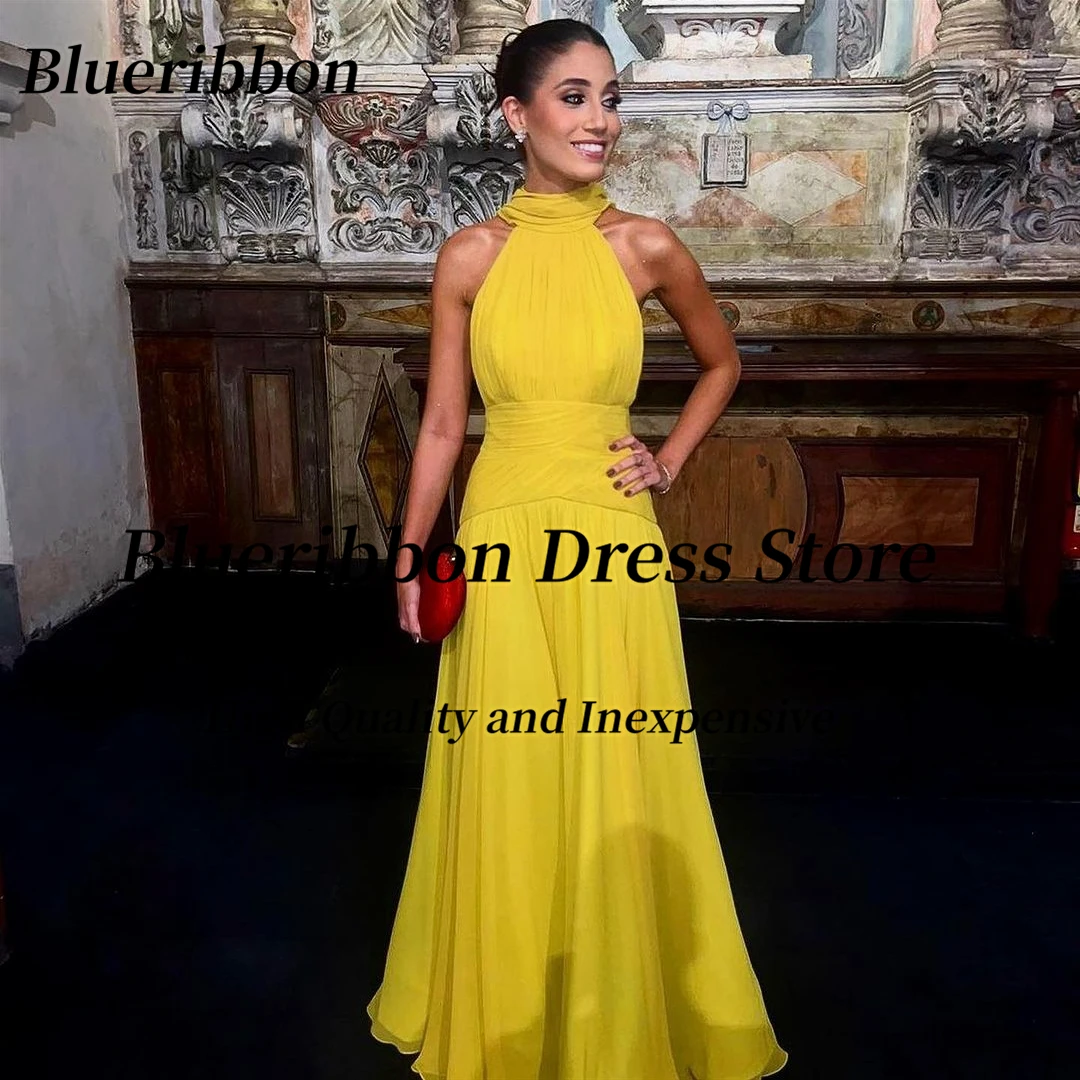 

Blueribbon Halter Neck Prom Dresses Sleeveless Sexy Backless Evening Party Dress Women Wear A Line Birthday Banquet Gowns