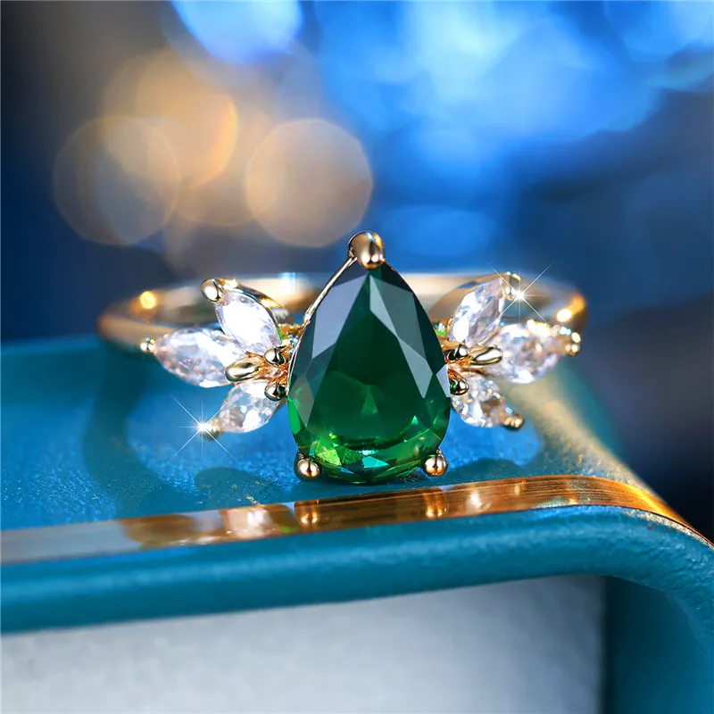 Cute Female Pear Cut Green Zircon Stone Water Drop Ring Charm Gold Color Wedding Jewelry For Women wedding rings,womens ring,jewelry rings,ring jewelry