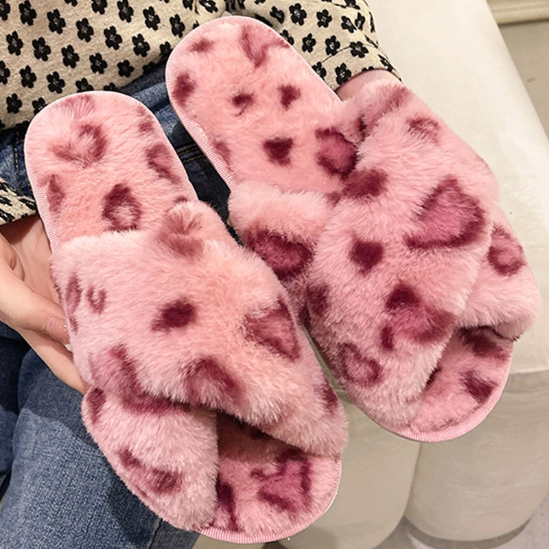 2022 New Leopard Pattern Bedroom Slippers Women Fluffy Slippers Indoor Cross Flat Warm Plush Shoes Women Open Toe Slippers indoor fur slippers