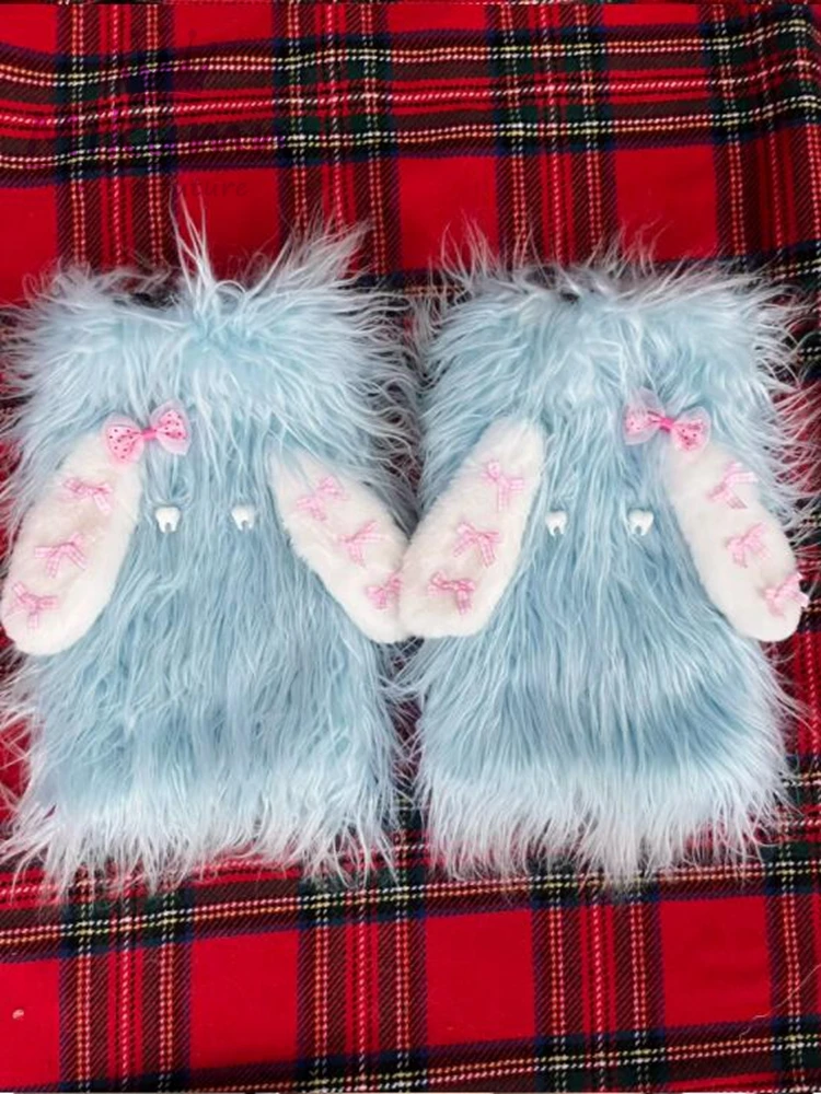 Description Picture 3 of itemHarajuku Pink Blue Sweet Bow Faux Fur Leg Warmers Socks Y2K Girls Japanese Kawaii Cartoon Rabbit Ears Warm Boot Cover Streetwear