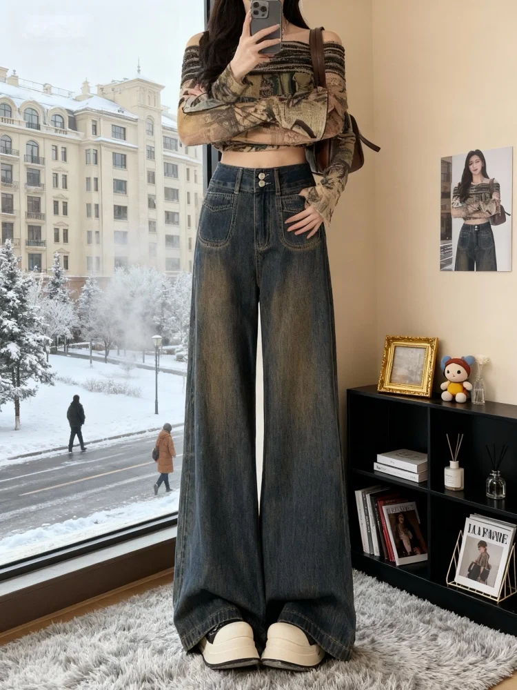 Fce Lined Thi Wide Leg Denim Jeans High Waist Straight Cut Loose Fit Retro Sle for Pear aped Women Autumn Winter New...