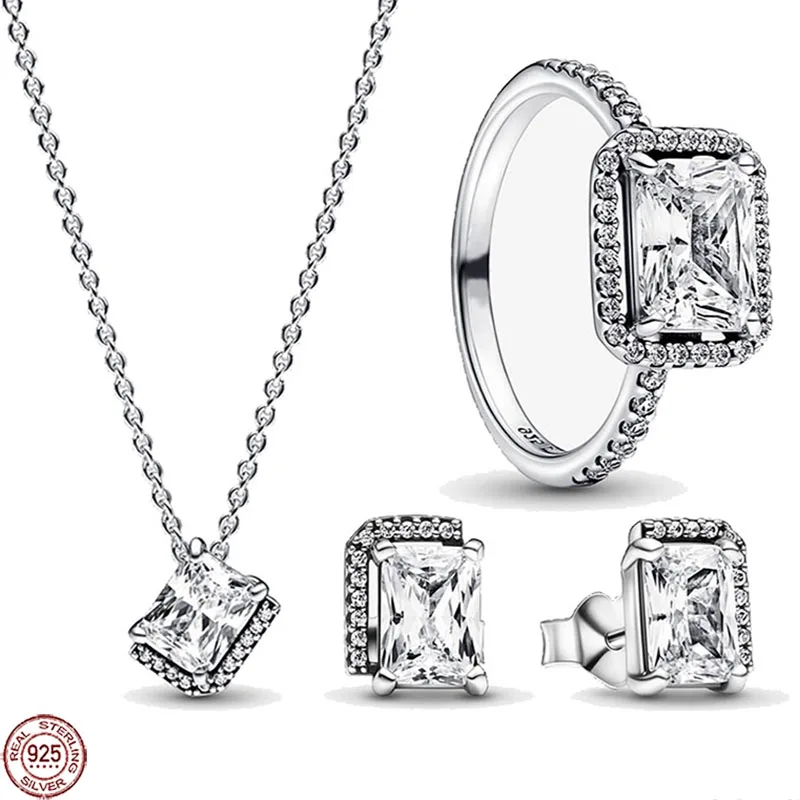 

High quality 925 sterling silver rectangular shiny halo necklace earring set, exquisite and charming women's jewelry engagement