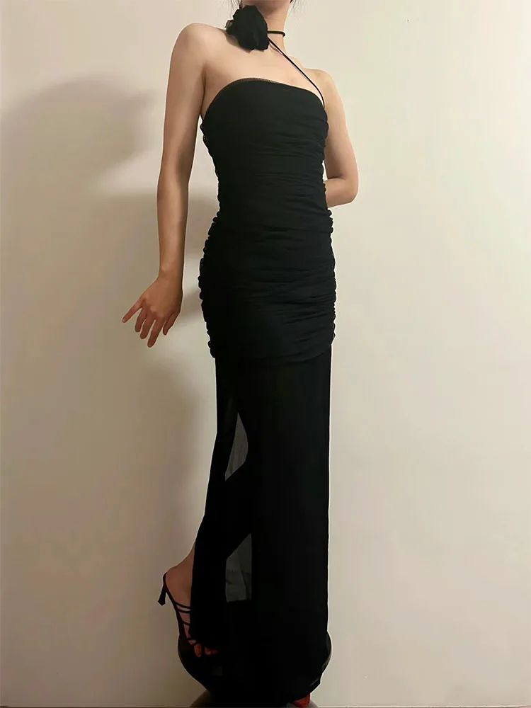 

Summer new women's fashion European and American versatile zipper flower decorated tulle dress
