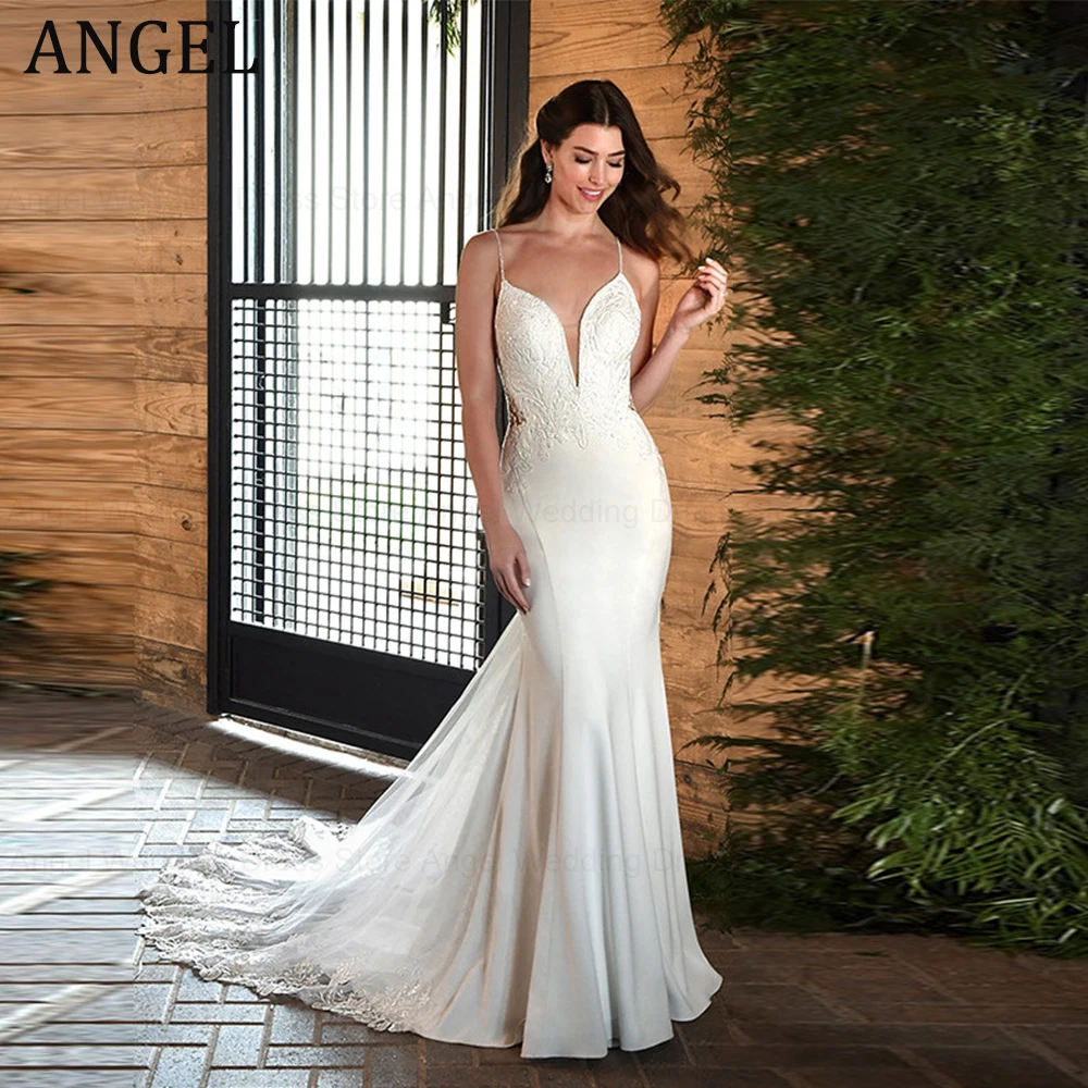 

ANGEL Spandex Mermaid Wedding Dress For Women Sexy Spaghetti Straps Bridal Gowns Lace Sweep Train Vestido de novia Custom Made