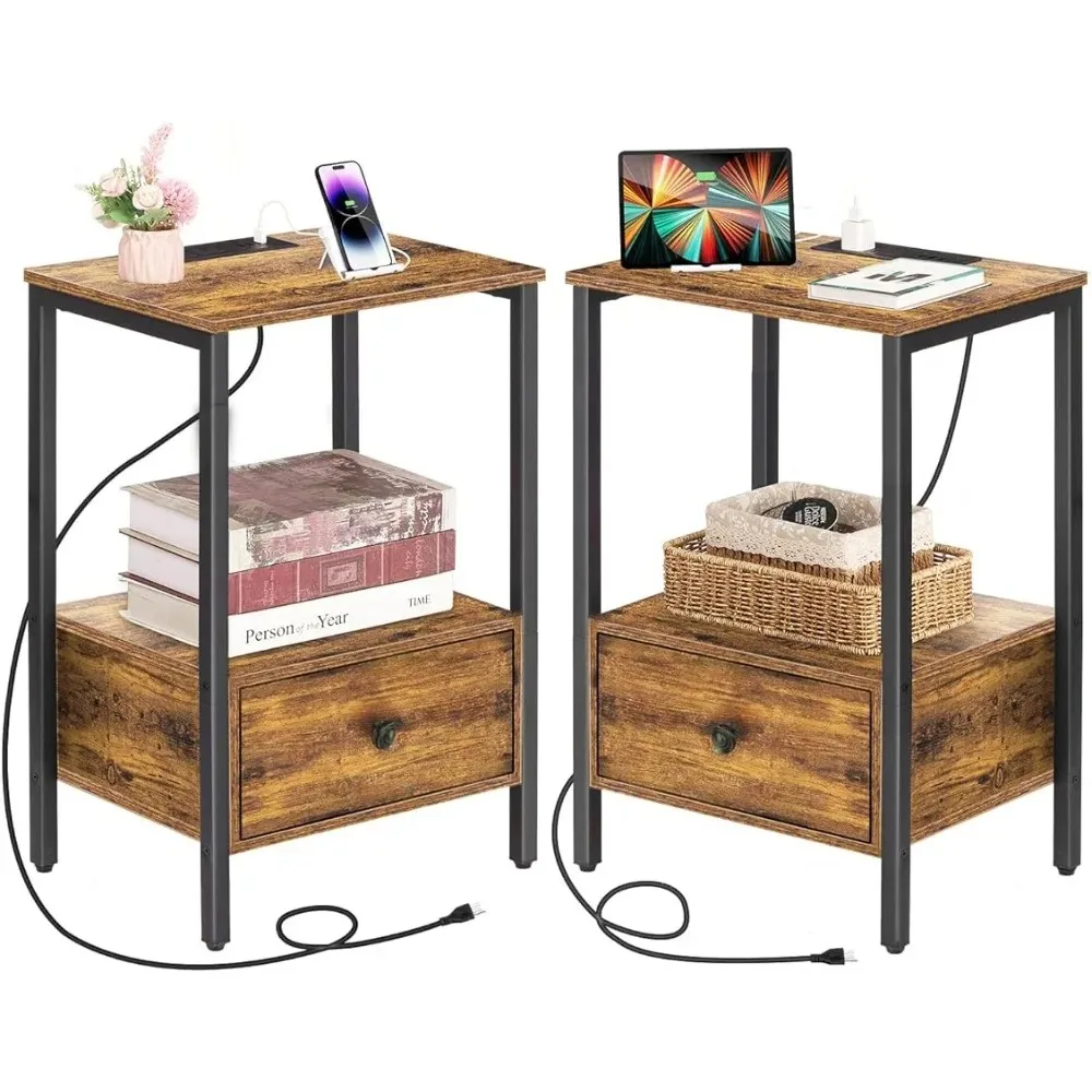 

Side Table with Charging Station, Set of 2 Nightstand with USB Ports & Power Outlets,Narrow End Table with Drawer and Storage