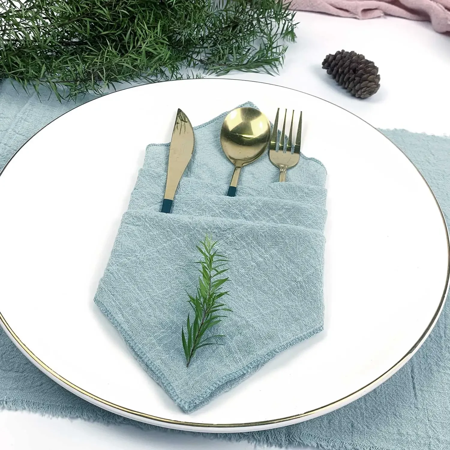 Set of 6 Cotton Cloth Napkins Gauze Sage Green 30x30cm for Wedding Decoration Everyday Use Dinner Tea Towel Table Party Napkins 4