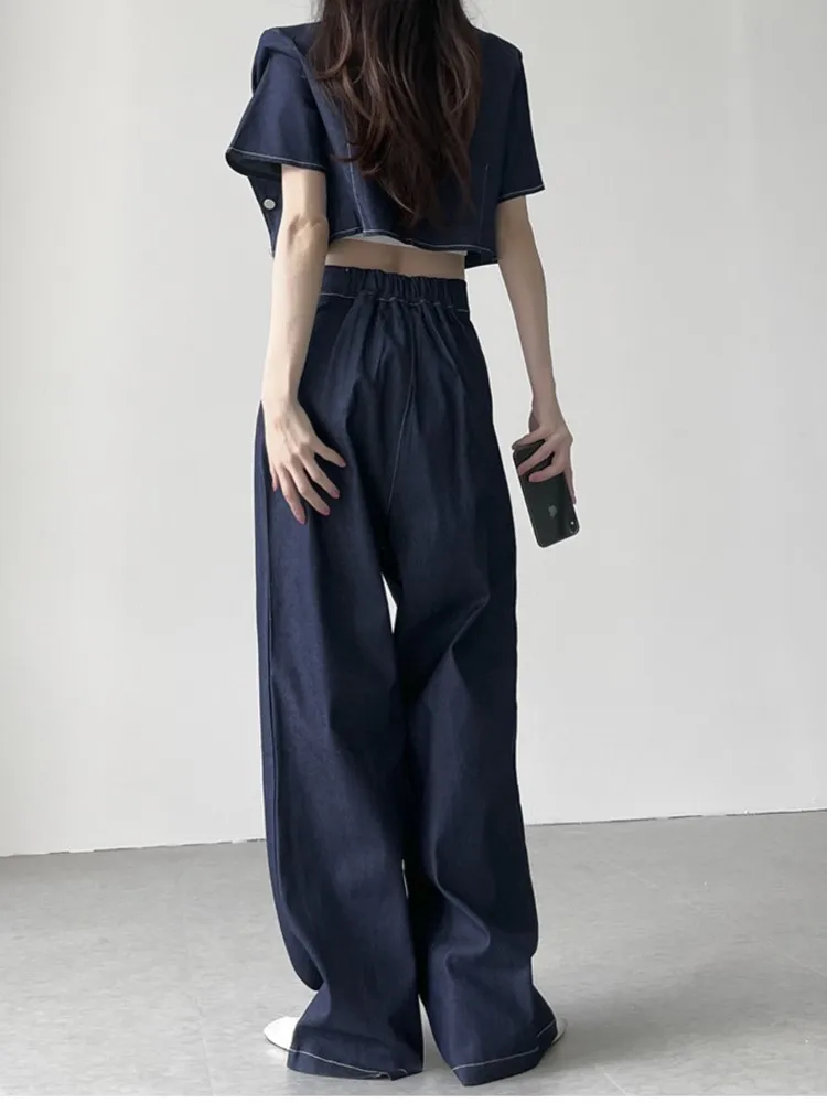 Two 2 Piece Sets Summer Korean Chic Square Denim Shirt Ladies Tops And Women Long Jeans Wide Leg Pants Fashion Suit