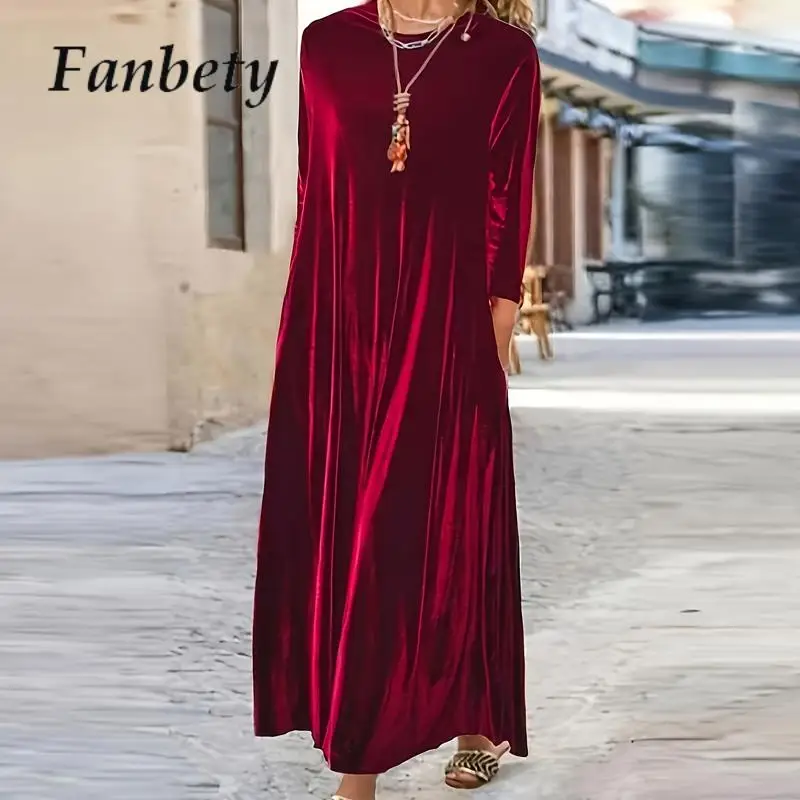 

Early Autumn Solid Round Neck A-line Long Dress Women Winter Long Sleeve Velvet Dresses 2023 Elegant Long Sleeve Party Dress
