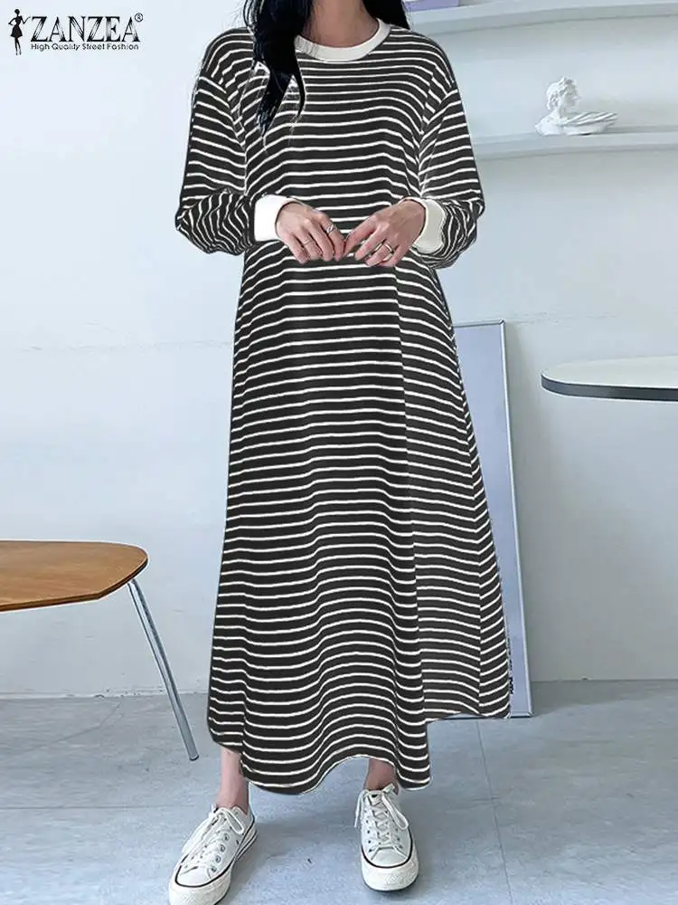 

2023 ZANZEA Autumn Striped Dress Women Casual O Neck Long Sleeve Sundress Robe Femme Work Holiday Dresses A Line Loose Vestidos