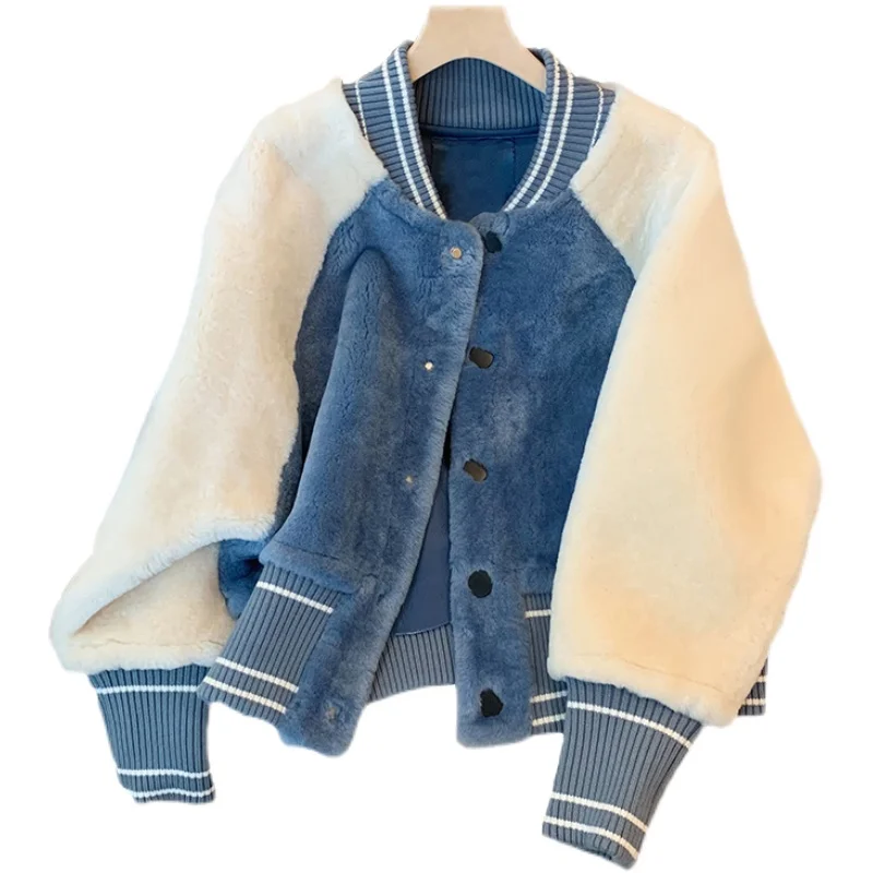 Blue Splicing Baseball Coat Women Faux Teddy Fur Coat Basic Women's Winter Jacket Female Fashion Vintage Harajuku Kawaii