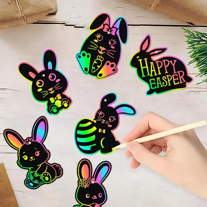 Easter Scratch Paper 24X Scratch off Cards Art Crafts Ornaments Cute Bunny Scratch Egg Basket Stuffers with Stick and Ribbon