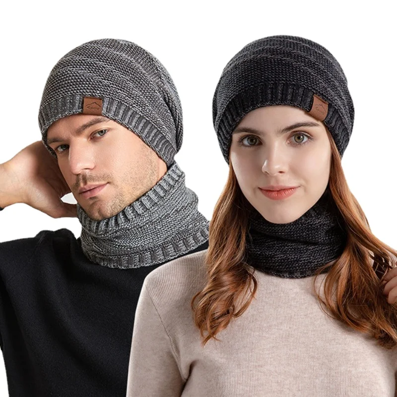 

Winter Knitted Hat Scarf Two-piece Set Couple Mixed Color Loose Elastic Beanie Leather Label Skullies Cap Bonnets for Women Men