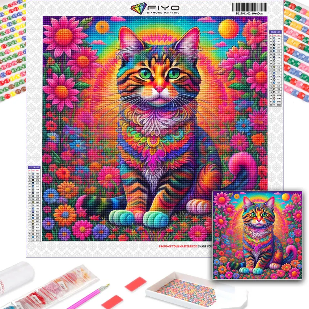 Broderie Crewel Ancienne - Mosaïque Chat Encadrée - Made In USA - Coloré
