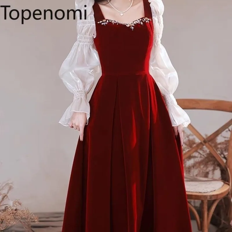 

Topenomi Wine Red Velvet Party Dress Women Patchwork Long Sleeve Waist A-line Formal Dresses 2024 New Elegant Vestido De Festa