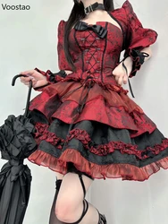 Japanese Gothic Lolita Skirt 3 Piece Set Women Harajuku Y2k Punk Lace Ruffles Cake Mini Skirt Suit Female Korean Sweet Outfits