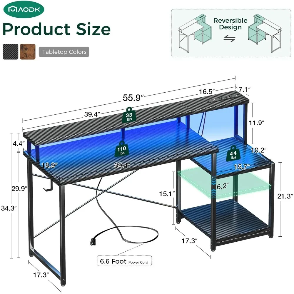 New2025-Computer Desk, 56 Inch Gaming Desk with Led Lights & Power Outlet, Office Desk with Printer Storage Shelves, Reversible