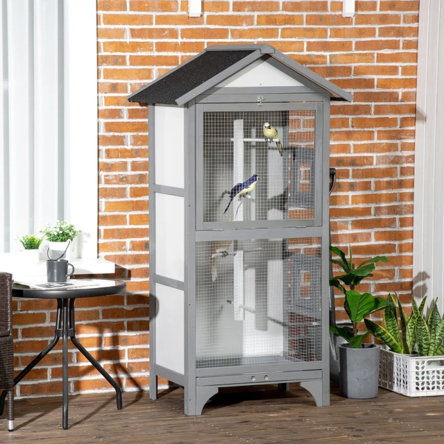 PawHut 65 Wooden Bird Cage Outdoor Aviary House for Parrot, Parakeet, with  Pull Out Tray and 2 Doors, Grey