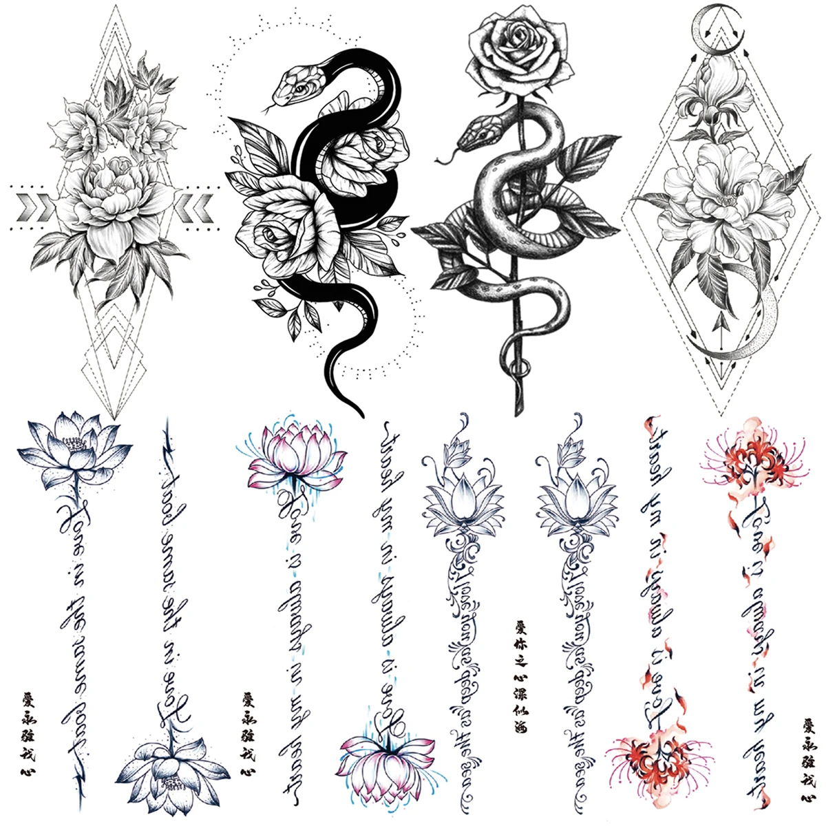 Geometric Rose Flower Snake Temporary Tattoos For Women Adult Lotus Hyacinth Letters String Fake Tattoo Body Art Washable Tatoos